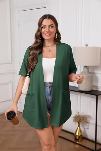 Image of IN'VOLAND Women Plus Size Lightweight Cardigan Short Sleeve Open Front Casual Summer Kimonos Cardigans with Pockets