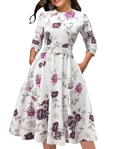 Image of Simple Flavor Women's Floral Vintage Dress Elegant Midi Evening Dress 3 /4 Sleeves