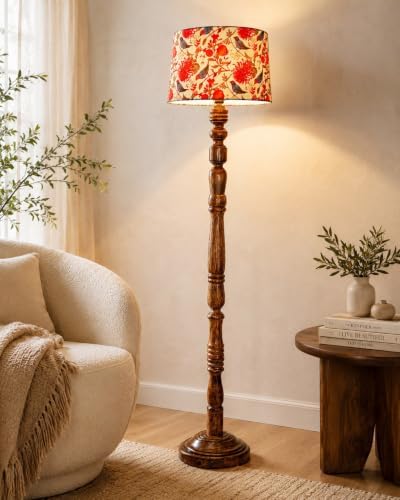 Homesakeยฎ Rustic Wood Floor Lamp for Living Room Walnut Brown with Multicolor Fabric Lamp Shade | Light Decoration for Home Side Lamp for Living Room | Antique Floor Light, Candlestick, Bird
