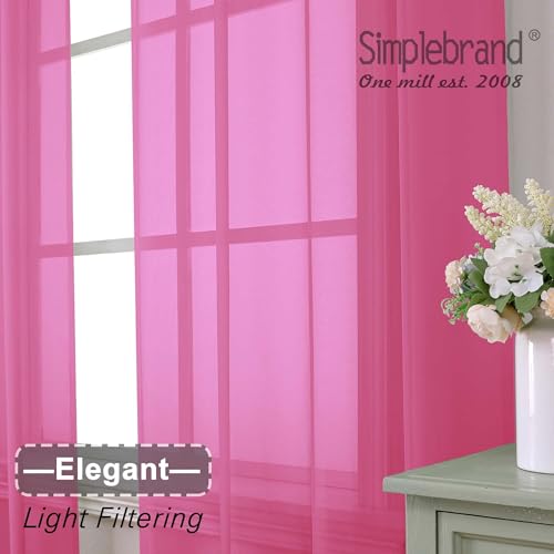 Image of Simplebrand Rod Pocket Top Solid Voile Sheer Curtains for Bedroom, 54 Inch Length Drapes Set of 2, Lightweight and Light Filtering Elegant Hot Pink Curtains Panels Window Treatment, 42Wx54L, Hot Pink