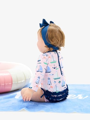 Image of RuffleButts Baby Girls UPF 50+ Sun Protection Floral Printed Long Sleeve One Piece Rash Guard Swimsuit with Zipper