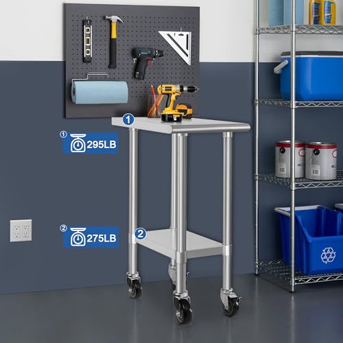 Image of HARDURA Stainless Steel Commercial Table Prep & Work Table with Casters Heavy Duty Metal Table with Wheels NSF 430 24x15 Inches