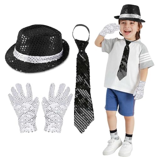 MAXMURYS Lot d'Accessoires de Costume des Années 80 - Chapeau à Paillettes Jazz, Gants Argentés, Déguisement King of Pop pour Fête à Thème, Carnaval, Fête Dansante
