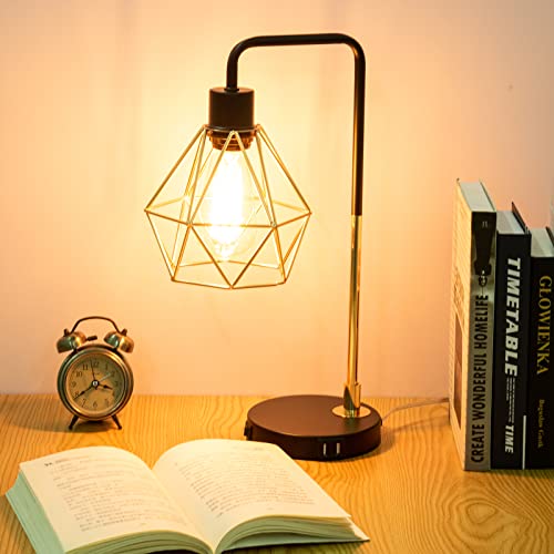 Cotulin Industrial Touch Control Table Lamp,Modern Black Gold Desk Lamp With 2 Usb Charging Ports,3-Way Dimmable Bedside Nightstand Vintage Metal Cage Reading Lamp For Bedroom Living Room Office Study #TOP1