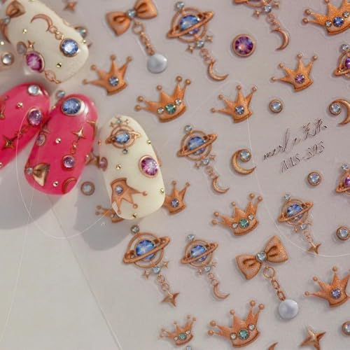 Image of Crown Nail Art Stickers Gold Nail Sticker for Nails Art Bow Nails Decals with Shiny Design 5D Self-Adhesive Nail Stickers Luxury Decals for Women Girls Kid Manicure Decoration