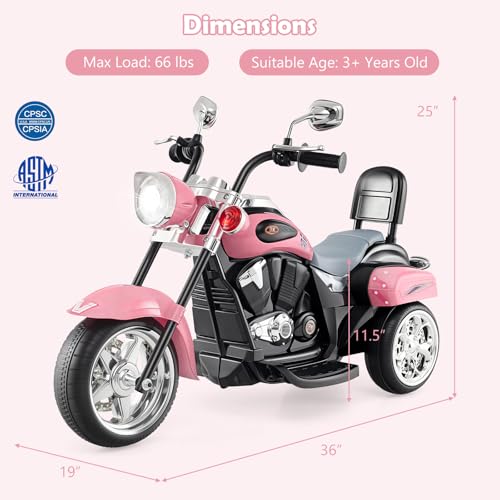 Image of Costzon 6V Ride on Chopper Kids Motorcycle with Horn, Headlight(Laser Pink) | Battery Powered, 3-Wheel Stable Ride on Toys, Electric Toddler Motorcycle for Kids, Gift for Boys Girls