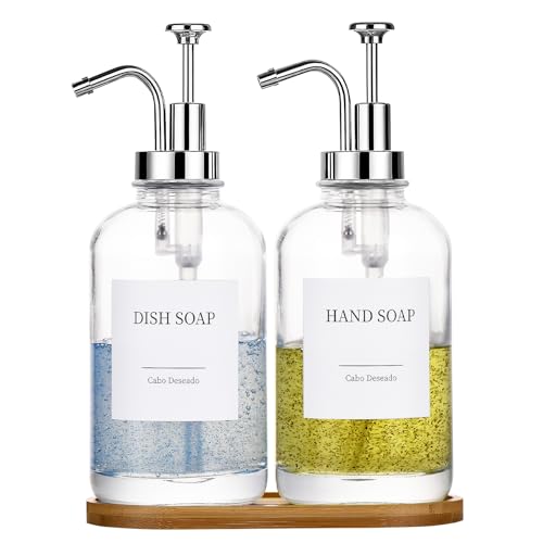 Glass Soap Dispenser with Pump, Dish and Hand Soap Dispenser for Kitchen Bathroom Set, Clear Glass Dispenser Set of 2 Pack with 18 Stickers Funnel Bamboo Tray 500ml 18oz / Each Bottle Sliver Pump by Cabo Deseado - Used condition - US$25.64
