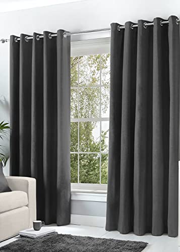 Hachette Thermal Blackout Curtains Eyelet Ring Top Including Pair of Tiebacks (Charcoal Grey, 66" X 54")