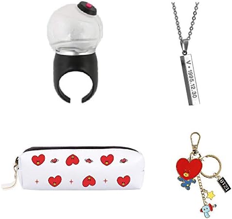 PINGJING BTS Bangtan Boys Finger Ring LED Light Stick with Key Chain Necklace and Pencil Case (V)