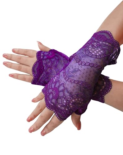 YHDDYG Womens Fingerless Purple Gloves Soft Stretch Floral Lace - Vintage 80s Retro Tea Party Cosplay Costume Accessories S62 (Purple One Size)