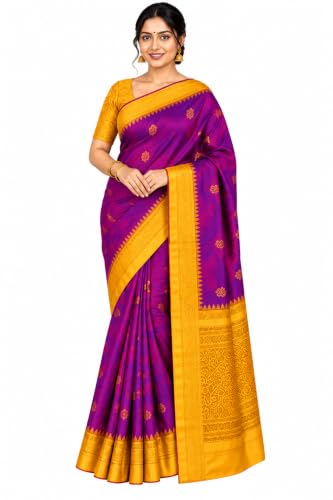 Ilkal Silk Saree for Women – Rich Purple with Mustard Yellow Zari Border, Traditional Buti Motifs & Designer P