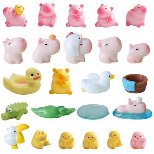 Mini figuras de capibara, lindas decoraciones de cerdo de agua, figuras de capibara, decoración para tartas, capibara rosa y pequeños amigos de patos amarillos para tartas, bonsái, paisaje en