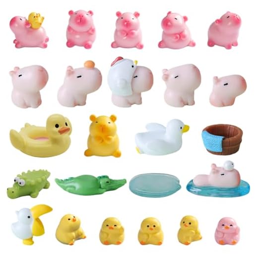 Mini figuras de capibara, lindas decoraciones de cerdo de agua, figuras de capibara, decoración para tartas, capibara rosa y pequeños amigos de patos amarillos para tartas, bonsái, paisaje en