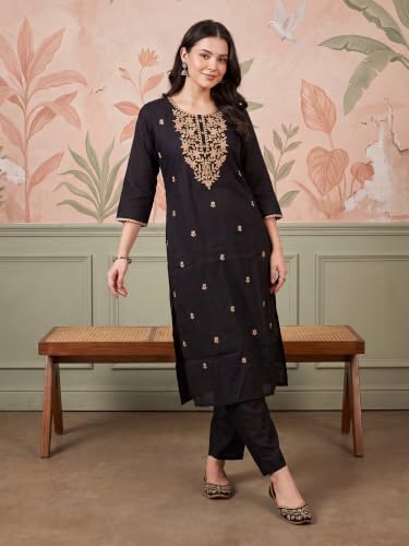Image of INDO ERA Women's Silk Blend Geometric Embroidered Thread Work Kurta & Pant Set | Co Ord Set For Women Stylish