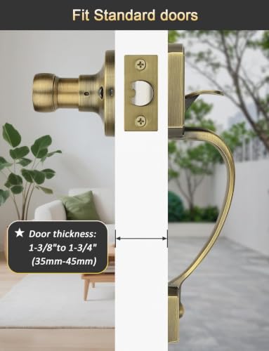 Image of Tinewa Antique Brass Front Door Handle,Upgated Entry Door Handle with Accent Wave Door Lever,Single Cylinder Front Door Handleset for Home Security