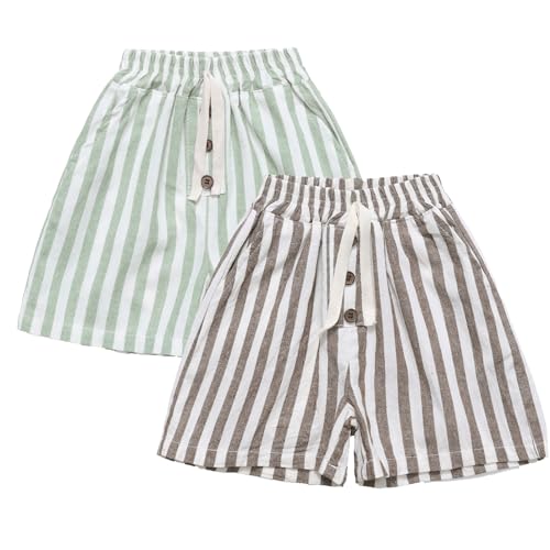 Image of Ashmyova Classic Shorts for Boys Thin Cotton Stripe Elastics Waist Casual Summer Toddler Shorts Lightweight 2Pcs