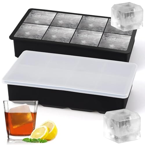 Image of 2PECK Ice Cube Trays Silicone,Ice Cube Molds with Removable Lids,Stackable Ice Trays for Freezer,8GRID Ice Maker Reusable and BPA Free for Whiskey,Cocktail (Black)