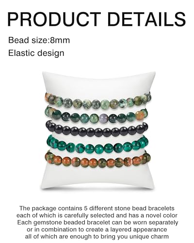 BOMAIL 5Pcs Healing Crystal Bracelets for Women 8mm Natural Stone Beaded Stretch Bracelet Set Handmade Semi-Precious Gemstone Bracelets