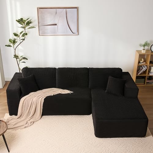 Litbird Divano angolare modulare a forma di L con chaise longue a sinistra – Struttura morbida senza telaio rigido, seduta extra profonda in velluto a coste (Nero, Chaise longue destra)