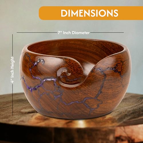 Image of Wooden Yarn Bowl for Crocheting, 7x4 inch Large Crochet Holder Gift Accessories and Knitting Gadgets Supplies Handcrafted with Fractal Wood Burning & Purple Resin Inlay ( Purple 7x4 )