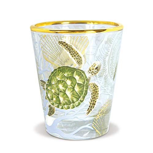 Hawaiian Honu Voyage Shot Glass – 1 oz. Sea Turtle Souvenir | Coastal Island Tropical Barware, Collectible Glass with Gold Rim, Hand Wash Recommended