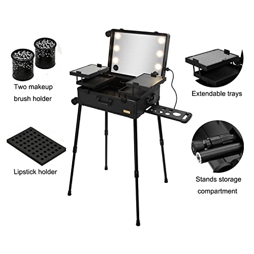 Tense Edano Extra Large Aluminum Trolley Makeup Train Case With Built-In Led Lights Professional Cosmetic Organizer Studio With Speaker & Stand Rolling Lighted Makeup Vanity Station (Black) #TOP2