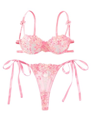 Image of Lilosy Sexy Tie Side Cute Underwire Push Up Strappy Embroidered Mesh Sheer Lingerie Set