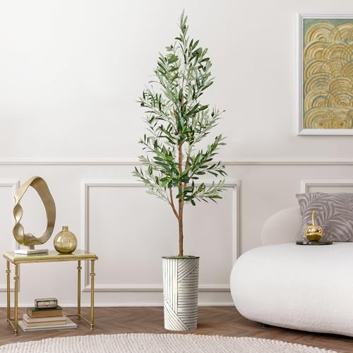 Artificial Tree in Geometric Pattern Planter, Fake Olive Silk Tree for Indoor and Outdoor Home Decoration - 68" Overall Tall (Plant Pot Plus Tree)