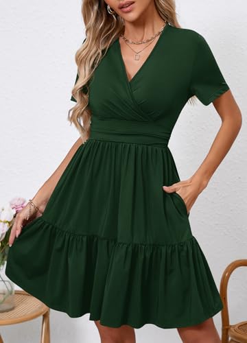 Image of Women's Casual Summer Dress V Neck Short Sleeve Flowy Stretchy Comfort Fit for Daily Wear Work Midi Dresses