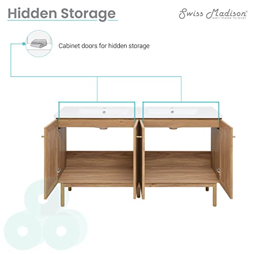Image of Classe 60 inch Freestanding Bathroom Vanity in Golden Oak with Double Basin Sink Top