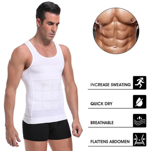 Image of Wearslim Men Compression Shirt For Workout Vest Abs Abdomen Slim Body Shaper Undershirt Slimming Shirt to Hide Gynecomastia Stretchable Tummy Tucker Vest - Pack of 2 - (Black & White)
