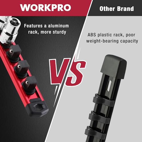 Image of WORKPRO Magnetic Socket Organizer Set, 3-Piece Aluminum Alloy Socket Rail, Heavy Duty Socket Holder, Socket Rack Kit 1 /4-Inch x 12 Clips, 3 /8-Inch x 10 Clips, 1 /2-Inch x 10 Clips (Red)