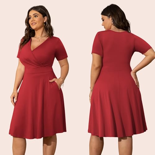 Image of POSESHE Womens Plus Size Dresses Summer Short Sleeve Wrap V-Neck Sundress Casual Wedding Guest Cocktail Dress with Pockets
