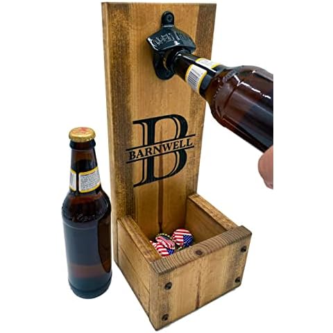 Bottle Opener with Dropbox Cap Catcher - Wall Mount or Freestanding - Laser Engraved - Personalized Christmas Gift idea for men Rustic Wood Groomsmen Gift Sets, Wedding and Anniversary Presents Cover