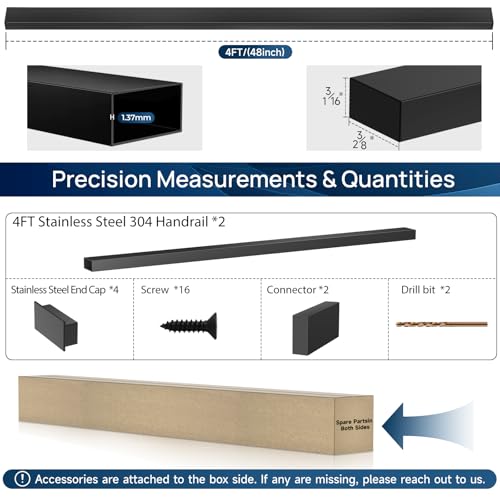 Image of 4FT Black Handrail with Connector, Top Rail for Indoor Outdoor Stair | 2 Pack Stainless Steel T304 Rectangular Handrail, Cable Railing Handrails for Deck Stairs, Easy DIY Flat Top Handrail Tube