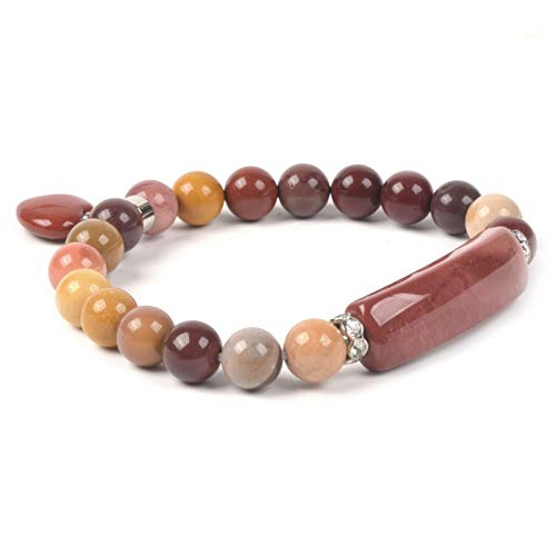 Natural Mooakite Jasper Gem Semi Precious Gemstone Love Heart Charm Stretch Bracelet