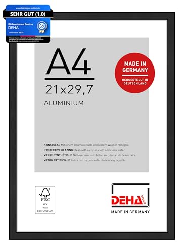 DEHA Design Bilderrahmen, 21 x 29,7 cm (A4), Aluminium, Schwarz matt, Dokumentenrahmen zum Aufhängen im Hoch- & Querformat, bruchsicheres Kunstglas, Boston