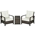 Outsunny 3 Piece Patio Furniture Set, PE Rattan Wicker Storage Table and Chairs w/Tufted Cushions for Outdoor Garden, Backyard, Poolside, Balcony, Beige