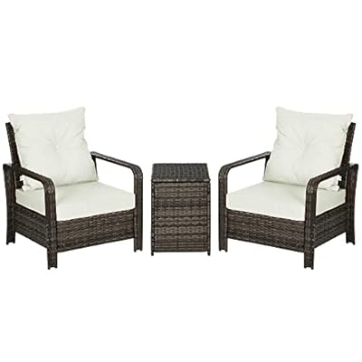 Outsunny 3 Piece Patio Furniture Set, PE Rattan Wicker Storage Table and Chairs w/Tufted Cushions for Outdoor Garden, Backyard, Poolside, Balcony, Beige