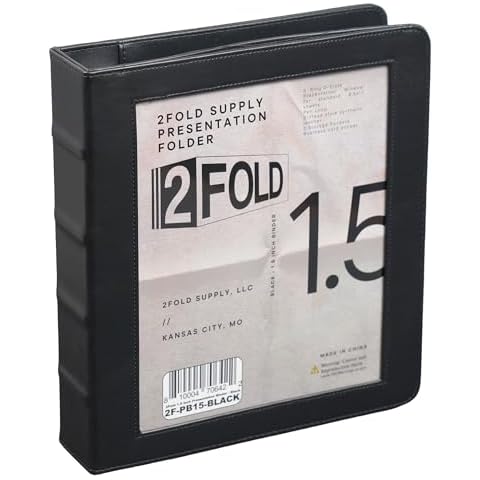 2Fold 3 Ring Binder 1.5 Inch with Clear Front Pocket - Premium PU Faux Leather Presentation Binder - Storage Pockets for Office Supplies, Business Card Holder, Pen/Pencil Loop (1.5 Inch, Black) Cover