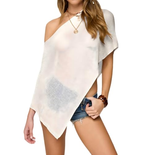 Image of QLQLWDD Women Sheer Knit Poncho Top Asymmetrical One Shoulder Mesh Crochet Bolero Shrug Shawl Beach Cover Ups (b WHITE, S)