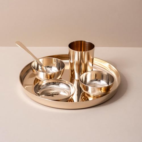 Image of Indian Dining Collection Bronze Dinner Set for Traditional Meals | Handcrafted Kansa Thali Set with Bowls, Glass (Gloss Finish | 6-Piece (Serves 1))