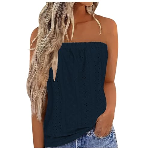 Summer Tops for Women UK Promotion Strapless Vest Tops Sleeveless Tube Bandeau Top Casual Loose Fit Blouse Tunic T Shirts Trendy Plain T Shirt Eyelet Tees Tank Top Clearance