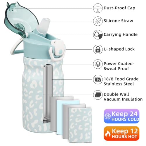 Image of BJPKPK 14 oz Insulated Water Bottle, Straw, Handle, Stainless Steel Flask | Leak Proof Locking Lid, Double Wall Vacuum, Keeps Hot /Cold, BPA Free, Travel & Sports, Light Blue Leopard