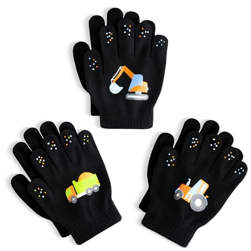 Glooarm 3 Pairs Toddler Gloves Winter Gripper Knit Magic Gloves Stretch Warm Cold Weather Gloves for Boys Girls 4-12 Years