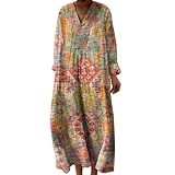 Générique Robe Longue Femme Boho Chic en Lin, Col V et Manches Longues, Robe Maxi Imprimée Floral Vintage pour Plage et Vacances, Coupe Ample et Fluide Grande Taille Élégante Chic