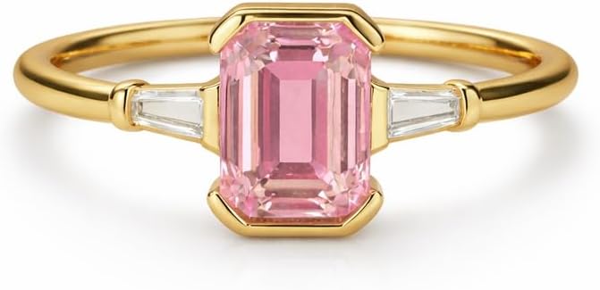 Emerald Cut Pink Tourmaline Engagement Ring for Women in 14K Yellow Gold Three Stone Ring with Tapered Baguette Side Stones Minimalist Modern Promise Ring Gift for Her