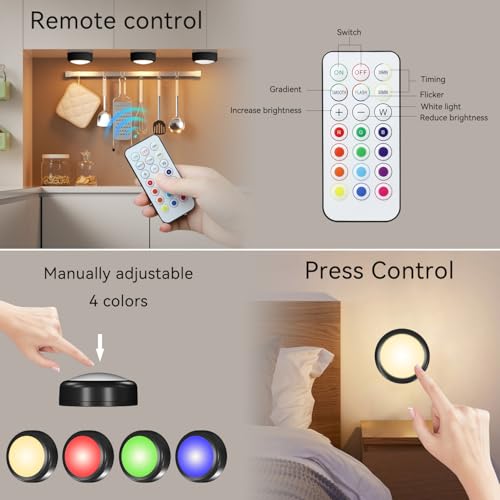 Image of LED Puck Lights with Remote, 13-Color Under Cabinet Lighting Wireless, Battery Operated Stick-On Lights, Dimmable Push Light for Closet /Shelf /Wall (Black-6 Pack)