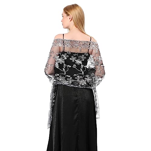 Sparkly Shawls and Wraps for Evening Dresses, Women's 1920s Sequin Floral Sheer Mesh Deco Wedding Party2