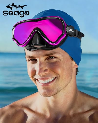 Image of Seago Adult Swim Goggles Mask Mirrored Tempered Lens, Anti UV /Fog No Blurring Clear Wide View with Nose Cover for Men Women